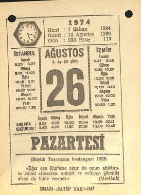 26 Ağustos 1974 Takvim Yaprağı - Doğum Günü Hediyesi EFM(N)12183 - 1