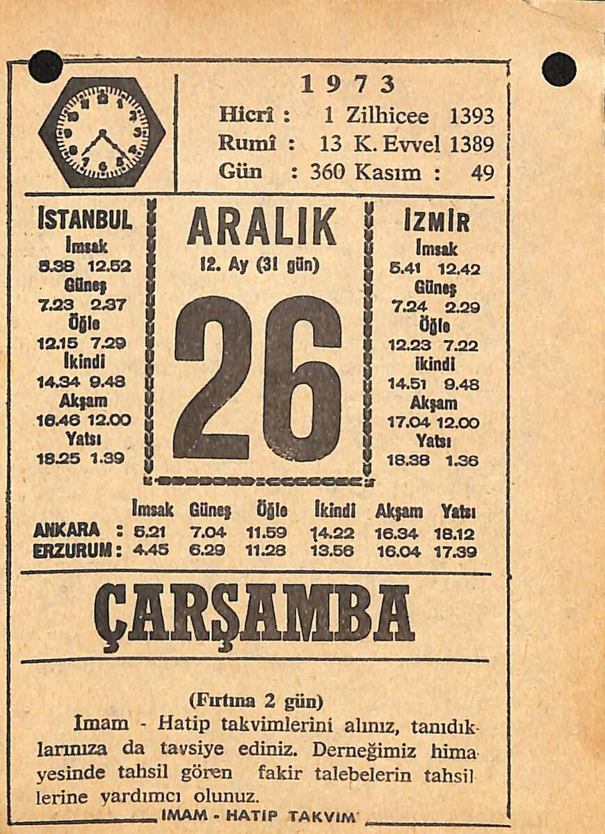 26 Aralık 1973 Takvim Yaprağı - Doğum Günü Hediyesi EFMN13661 - 1