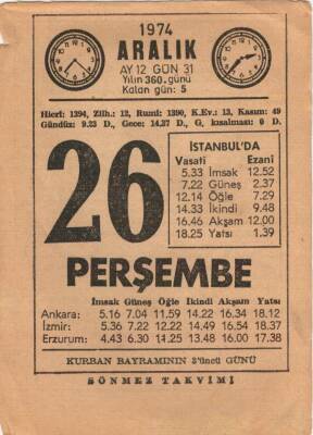 26 Aralık 1974 Takvim Yaprağı EFM(N)4308 - 3