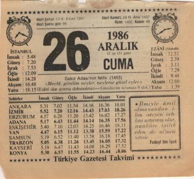 26 Aralık 1986 Takvim Yaprağı EFM(N)4338 - 3