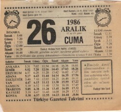 26 Aralık 1986 Takvim Yaprağı EFM(N)4338 - 2