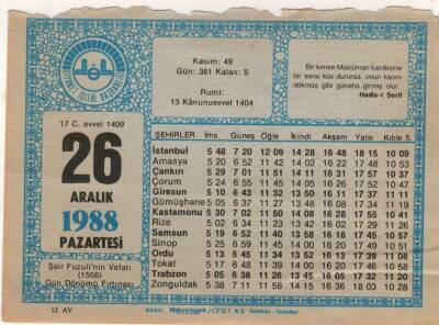 26 Aralık 1988 Takvim Yaprağı EFM(N)4492 - 3