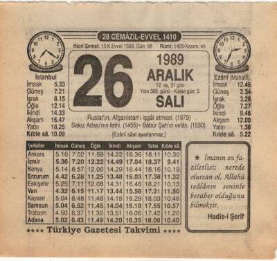 26 Aralık 1989 Takvim Yaprağı EFM(N)4216 - 3