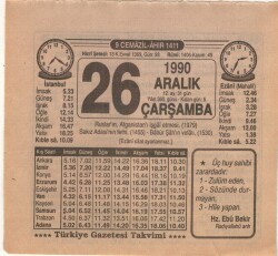 26 Aralık 1990 Takvim Yaprağı EFM(N)4154 - 3