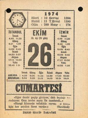 26 Ekim 1974 Takvim Yaprağı - Doğum Günü Hediyesi EFM(N)10587 - 3