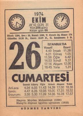 26 Ekim 1974 Takvim Yaprağı EFM(N)2996 - 1