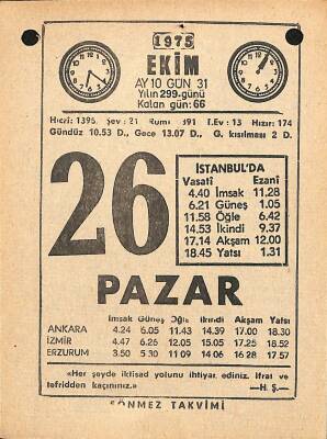 26 Ekim 1975 Takvim Yaprağı - Doğum Günü Hediyesi EFM(N)12548 - 1