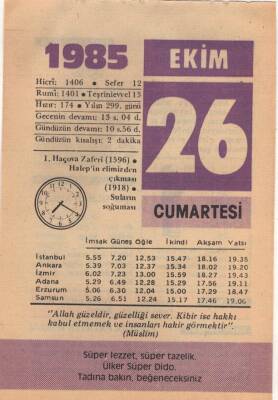 26 Ekim 1985 Takvim Yaprağı EFM(N)3058 - 3