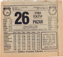 26 Ekim 1986 Takvim Yaprağı EFM(N)3089 - 3