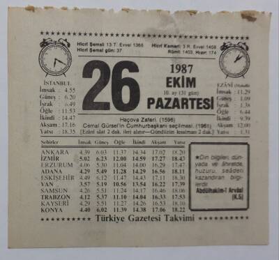 26 Ekim 1987 Takvim Yaprağı - Doğum Günü Hediyesi EFM(N)7134 - 1