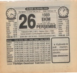 26 Ekim 1989 Takvim Yaprağı EFM(N)3120 - 3