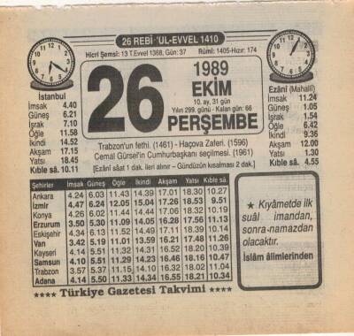 26 Ekim 1989 Takvim Yaprağı EFM(N)3120 - 3