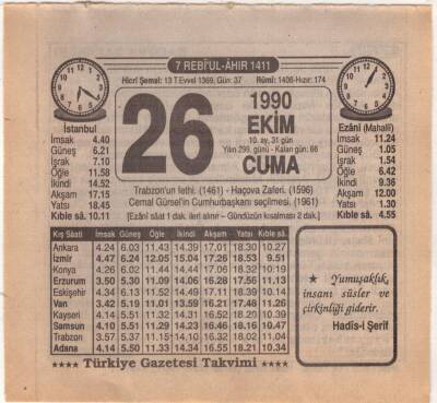 26 Ekim 1990 Takvim Yaprağı EFM(N)3151 - 3