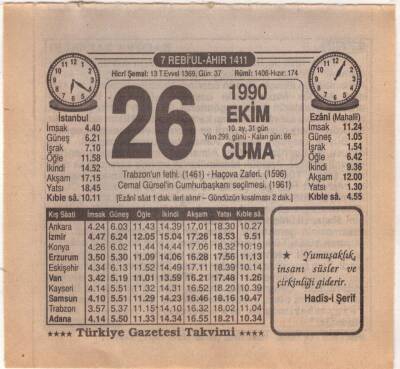 26 Ekim 1990 Takvim Yaprağı EFM(N)3151 - 1