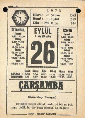 26 Eylül 1973 Takvim Yaprağı - Doğum Günü Hediyesi EFM(N)9872 - 1