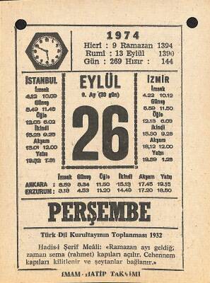 26 Eylül 1974 Takvim Yaprağı - Doğum Günü Hediyesi EFM(N)12347 - 1