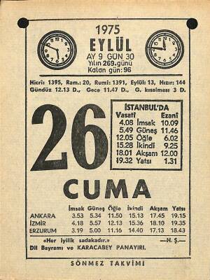 26 Eylül 1975 Takvim Yaprağı - Doğum Günü Hediyesi EFM(N)12520 - 1