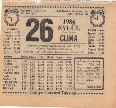 26 Eylül 1986 Takvim Yaprağı EFM(N)2847 - 4