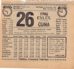 26 Eylül 1986 Takvim Yaprağı EFM(N)2847 - 2