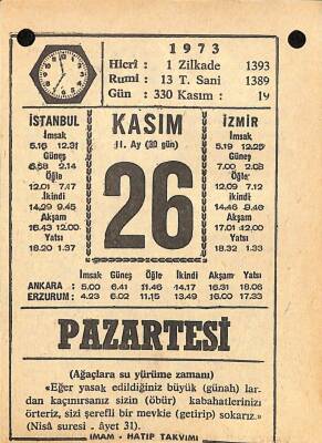 26 Kasım 1973 Takvim Yaprağı - Doğum Günü Hediyesi EFM(N)10728 - 2