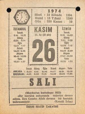 26 Kasım 1974 Takvim Yaprağı - Doğum Günü Hediyesi EFM(N)10788 - 4