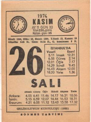 26 Kasım 1974 Takvim Yaprağı EFM(N)3336 - 2