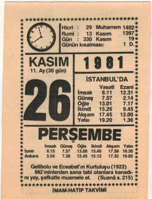 26 Kasım 1981 Takvim Yaprağı EFM(N)4278 - 3