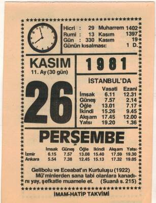 26 Kasım 1981 Takvim Yaprağı EFM(N)4278 - 1