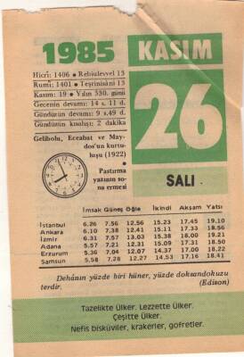 26 Kasım 1985 Takvim Yaprağı EFM(N)3396 - 3