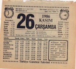 26 Kasım 1986 Takvim Yaprağı EFM(N)3426 - 3