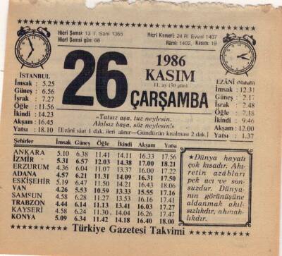 26 Kasım 1986 Takvim Yaprağı EFM(N)3426 - 2