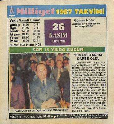 26 Kasım 1987 Takvim Yaprağı - Doğum Günü Hediyesi EFM(N)11853 - 1