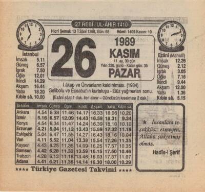 26 Kasım 1989 Takvim Yaprağı EFM(N)3486 - 3