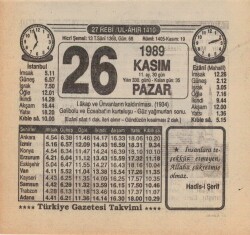 26 Kasım 1989 Takvim Yaprağı EFM(N)3486 - 2