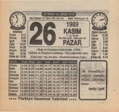 26 Kasım 1989 Takvim Yaprağı EFM(N)3486 - 1