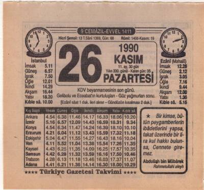 26 Kasım 1990 Takvim Yaprağı EFM(N)3940 - 3