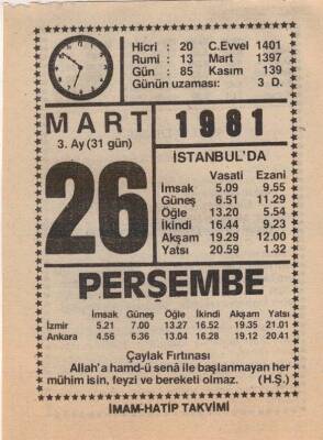 26 Mart 1981 Takvim Yaprağı EFM(N)6027 - 3