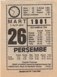 26 Mart 1981 Takvim Yaprağı EFM(N)6027 - 2