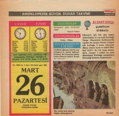 26 Mart 1984 Takvim Yaprağı EFM(N)5812 - 3