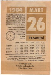 26 Mart 1984 Takvim Yaprağı EFM(N)6089 - 3