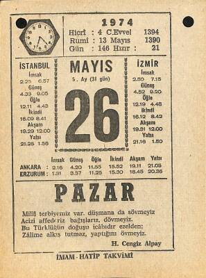 26 Mayıs 1974 Takvim Yaprağı - Doğum Günü Hediyesi EFM(N)11980 - 1