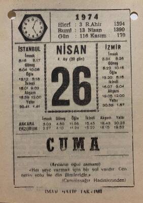 26 Nisan 1974 Takvim Yaprağı - Doğum Günü Hediyesi EFM(N)8183 - 2