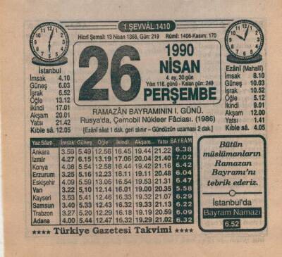 26 Nisan 1990 Takvim Yaprağı EFM(N)6179 - 1