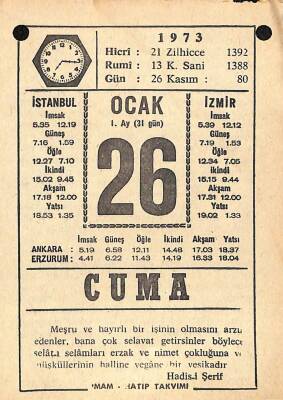 26 Ocak 1973 Takvim Yaprağı - Doğum Günü Hediyesi EFM(N)10834 - 4