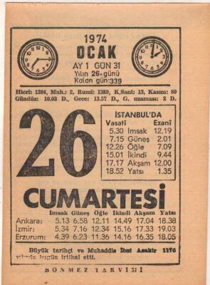 26 Ocak 1974 Takvim Yaprağı EFM(N)4889 - 1