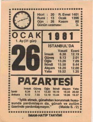 26 Ocak 1981 Takvim Yaprağı EFM(N)4672 - 1