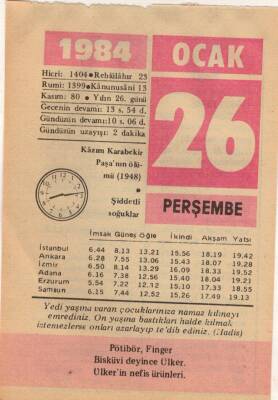 26 Ocak 1984 Takvim Yaprağı EFM(N)4765 - 1