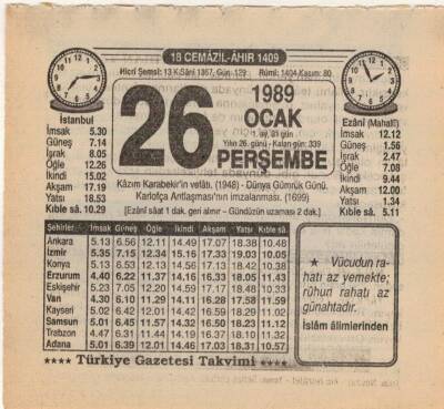 26 Ocak 1989 Takvim Yaprağı EFM(N)4734 - 1