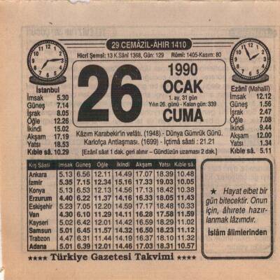 26 Ocak 1990 Takvim Yaprağı EFM(N)4703 - 1