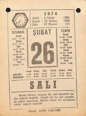 26 Şubat 1974 Takvim Yaprağı - Doğum Günü Hediyesi EFM(N)12312 - 1